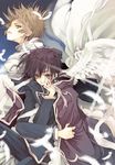  angel_wings cape code_geass green_eyes kururugi_suzaku lelouch_lamperouge male_focus multiple_boys ooki_bonta purple_eyes wings 