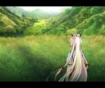  bow fujiwara_no_mokou hair_bow landscape letterboxed long_hair mathnote nature ponytail scenery silver_hair solo suspenders touhou very_long_hair 