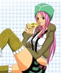  bad_id bad_pixiv_id beanie chiroru_shimai food grin hat holding_pizza jacket jewelry_bonney long_hair one_piece pink_hair pizza smile solo suspenders thighhighs 