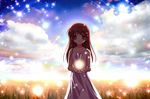  bare_shoulders brown_eyes brown_hair chocolat clannad cloud dress girl_from_the_illusionary_world grass holding long_hair looking_at_viewer open_mouth sky smile solo sparkle white_dress 