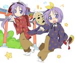  fan hair_ribbon hiiragi_kagami hiiragi_tsukasa ixy lucky_star mask multiple_girls purple_hair ribbon torii 