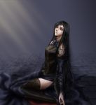  armor artist_request bare_shoulders black_hair blue_eyes boots castlevania castlevania:_order_of_ecclesia dress gothic long_hair shanoa sitting solo tattoo tears thigh_boots thighhighs very_long_hair 