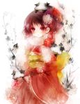  bad_id bad_pixiv_id blush copyright_request cow flower japanese_clothes kimono red_eyes red_hair shimeko smile solo 
