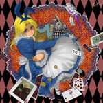  alice_(wonderland) alice_in_wonderland apron blonde_hair card cheshire_cat dress falling_card hairband lingerie luke_uehara mary_janes pantyhose petticoat shoes underwear white_legwear white_rabbit 