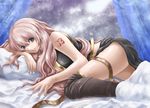  arm_support bare_arms bare_shoulders bed bed_sheet belt black_legwear blue_eyes breasts cleavage curtains fujipo large_breasts long_hair lying megurine_luka no_armwear no_headgear on_stomach pillow pink_hair shirt sleeveless sleeveless_shirt smile solo tattoo thighhighs thighs very_long_hair vocaloid 