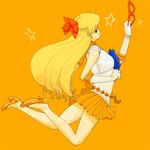  aino_minako azuma_yukihiko bad_id bad_pixiv_id bishoujo_senshi_sailor_moon blonde_hair bow choker elbow_gloves flats glasses gloves hair_bow half_updo jewelry jewelry_star_bracelet jumping long_hair magical_girl orange_(color) orange_background orange_choker orange_footwear orange_sailor_collar orange_skirt pretty_guardian_sailor_moon red_bow sailor_collar sailor_senshi_uniform sailor_venus shoes simple_background skirt solo star white_gloves 