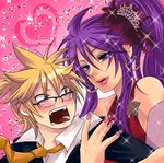  blonde_hair blue_eyes blush crossdressing dress glasses kagamine_len kagamine_len_no_yuuutsu_(vocaloid) kamui_gakupo lipstick long_hair makeup male_focus multiple_boys necktie purple_hair vocaloid yellow_neckwear yomorin 