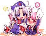  animal_ears braid bunny_ears chibi hachi_(gaoo) hair_ribbon long_hair multiple_girls purple_eyes red_eyes reisen_udongein_inaba ribbon silver_hair syringe tears touhou trigram yagokoro_eirin 