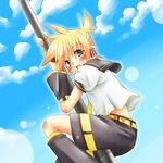  bad_id bad_pixiv_id blonde_hair blue_eyes blush detached_sleeves hashi_moto headset kagamine_len male_focus pole shorts solo vocaloid 