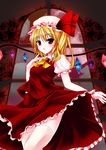  :o absurdres blonde_hair flandre_scarlet hand_on_own_chest hat highres moon one_side_up ponytail red_eyes red_moon ribbon short_hair solo thighhighs touhou utakata_(kochou_no_yume) window wings zettai_ryouiki 