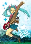  aqua_hair bangs black_legwear cardigan cloud english guitar happy hatsune_miku instrument jumping kneehighs legs loafers long_hair momoiro_oji park plectrum ribbon school_uniform shoes skirt socks solo sparkle star sweater text_focus tree twintails vocaloid 