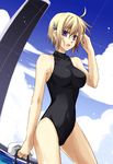  adjusting_hair ahoge bad_id bad_pixiv_id blonde_hair blue_eyes blush breasts cloud collarbone competition_swimsuit day hair_ornament koukaku_no_regios kuruma_(rk) large_breasts nina_antalk one-piece_swimsuit open_mouth short_hair sky solo standing swimsuit wet 