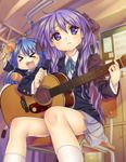  &gt;_&lt; acoustic_guitar ahoge blazer blue_eyes blue_hair closed_eyes company_connection confused cosplay guitar hair_ribbon hiiragi_kagami instrument izumi_konata jacket k-on! kink kyoto_animation long_hair lucky_star maracas mole mole_under_eye multiple_girls parody pleated_skirt purple_hair raised_eyebrow ribbon school_uniform skirt sweat tsurime twintails 