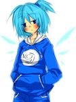  1girl alternate_costume bad_id bad_pixiv_id blue_eyes blue_hair blush cirno contemporary hands_in_pockets imo_kenpi short_hair simple_background solo standing touhou 