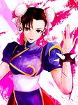  bad_id bad_pixiv_id brown_hair bun_cover china_dress chinese_clothes chun-li double_bun dress eyeshadow hako_(mypixid) highres lipstick makeup pantyhose pelvic_curtain red_eyes ribbon sash short_hair solo street_fighter 