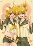  1girl bad_id bad_pixiv_id blonde_hair brother_and_sister detached_sleeves green_eyes hair_ornament hair_ribbon hairclip hakuseki headphones highres kagamine_len kagamine_rin microphone midriff navel necktie ribbon short_hair shorts siblings twins vocaloid yellow_neckwear 