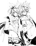  1girl brother_and_sister detached_sleeves greyscale hair_ornament hair_ribbon hairclip headset kagamine_len kagamine_rin midriff monochrome navel necktie ooki_bonta ribbon short_hair siblings twins vocaloid 