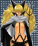  bad_id bad_pixiv_id bangs blonde_hair candle chiroru_shimai cloak earrings fringe_trim hair_over_eyes horns jewelry lipstick long_hair makeup one_piece polearm revealing_clothes sadi-chan solo trident weapon 