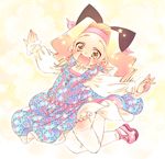  animal_ears blonde_hair bloomers cat_ears dress fang floral_print jumping muta_ninini open_mouth original solo sumachii thighhighs underwear white_legwear 