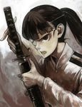  bad_id bad_pixiv_id black_hair brown_eyes error eyepatch katana long_hair ponytail sakamoto_mio sheath shrimpman solo strike_witches sword uniform unsheathing weapon world_witches_series 