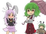  animal_ears antennae ascot blush bunny_ears embarrassed flower green_hair holding holding_panties kazami_yuuka kujira_lorant long_hair multiple_girls necktie panties red_eyes reisen_udongein_inaba short_hair simple_background skirt skirt_set tears touhou translated umbrella underwear vest wavy_mouth white_background wriggle_nightbug 