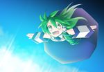  bad_id bad_pixiv_id blue_skirt detached_sleeves eyebrows eyebrows_visible_through_hair flying green_hair hair_between_eyes hair_ornament kochiya_sanae open_mouth ren_(733) skirt smile snake_hair_ornament solo touhou 