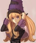  artist_request blonde_hair dress grimgrimoire hat lillet_blan long_hair lowres poncho purple_eyes smile solo witch wizard_hat 