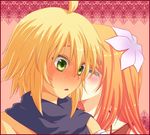  1girl blonde_hair blush brown_hair couple daybreak emil_castagnier flower green_eyes hair_ornament hetero kiss long_hair lowres marta_lualdi scarf tales_of_(series) tales_of_symphonia tales_of_symphonia_knight_of_ratatosk 