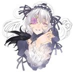  dress eyepatch frills grin hairband hands_clasped highres long_hair moruga own_hands_together purple_eyes rozen_maiden silver_hair smile solo suigintou wings 