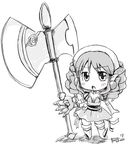  armor armored_dress artist_request axe boots chibi dress drill_hair earrings elbow_gloves flat_chest gauntlets gloves greyscale hairband highres jewelry monochrome pointy_ears queen's_blade skirt thighhighs weapon ymir_(queen's_blade) zettai_ryouiki 