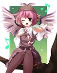  animal_ears earrings fingernails hat jewelry long_fingernails music musical_note mystia_lorelei one_eye_closed pink_hair short_hair singing sitting solo thighhighs touhou uruu_gekka wings 