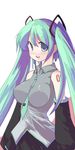  aqua_hair blue_hair breasts covered_nipples detached_sleeves hatsune_miku highres impossible_clothes impossible_shirt large_breasts long_hair necktie saiste shirt solo twintails vocaloid 