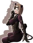  animal_ears armor belt bodysuit breasts brown_eyes brown_hair catsuit covered_nipples eyepatch fantasy_earth_zero gauntlets large_breasts leather lipstick makeup mr.romance short_hair solo tail thigh_strap 
