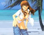  beach bikini breasts brown_eyes brown_hair cleavage copyright_request covered_nipples day denim horibe_hiderou jeans large_breasts leaning_forward long_hair non-web_source one_eye_closed open_clothes open_shirt outdoors palm_tree pants shirt solo swimsuit tree undressing 