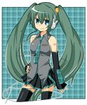  bad_id bad_pixiv_id blue_eyes bunny_headphones carrot carrot_hair_ornament detached_sleeves food_themed_hair_ornament green_hair hair_ornament hand_on_hip hatsune_miku headphones long_hair misumi_(msm952) necktie skirt solo thighhighs twintails very_long_hair vocaloid zettai_ryouiki 