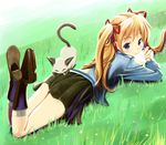  baozi blue_eyes cat eating food grass hair_ribbon kanon legs long_hair lying orange_hair piro ribbon sawatari_makoto skirt solo twintails wadapen 