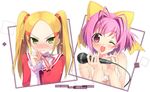  aoyama_mio blonde_hair blush green_eyes kami_nomi_zo_shiru_sekai kantoku microphone multiple_girls nakagawa_kanon one_eye_closed pink_eyes pink_hair twintails 