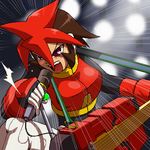  atlas electric_guitar emphasis_lines gauntlets guitar instrument lowres microphone microphone_stand multicolored_hair music napo red_eyes rockman rockman_zx rockman_zx_advent singing solo stage_lights two-tone_hair 