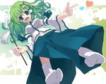  bad_id bad_pixiv_id blue_eyes detached_sleeves feet frog from_below gohei green_hair hair_ornament kochiya_sanae long_hair looking_down snake solo tabi touhou tsuda_souichirou 