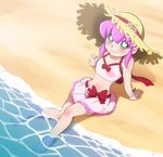  arm_support arms_behind_back bangs barefoot battle_spirits battle_spirits:_shounen_toppa_bashin beach belt bikini bikini_skirt blush body_blush bow bracelet breasts dutch_angle feet flower frills from_above green_eyes hat hat_flower heart heart_in_eye highres jewelry lavender_hair leaning_back light_smile my_sunshine navel ocean on_ground outdoors pleated_skirt ribbon sagamimok shadow short_hair sidelocks sitting skirt small_breasts smile soaking_feet solo straw_hat sun_hat swimsuit symbol_in_eye tankini water white_bikini 