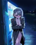  1girl absurdres asymmetrical_bangs bench blush breasts cleavage closed_mouth coat covering_privates embarrassed exhibitionism feet_out_of_frame girls'_frontline girls'_frontline_2:_exilium groin hair_ornament highres lamppost long_sleeves looking_at_viewer night nose_blush nude nude_cover outdoors public_indecency ruppu short_hair small_breasts solo standing sweat trembling trench_coat vector_(girls'_frontline) vending_machine x_hair_ornament yellow_eyes 