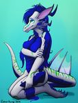  anthro blue_eyes blue_hair claws doktor-savage dragon female four_toes hair halo horn invalid_tag markings pose scalie solo 