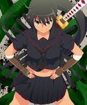  arm_warmers behind_back black_hair black_serafuku cowboy_shot hair_between_eyes highres homura_(senran_kagura) katana legs_apart long_hair looking_at_viewer mokkei navel pleated_skirt ponytail scabbard scales school_uniform senran_kagura senran_kagura_shoujo-tachi_no_shin'ei serafuku sheath sheathed short_sleeves skirt smile solo standing sword tan tsurime weapon 