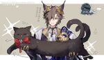  1boy 1other animal animal_ears arknights black_cat black_gloves brown_hair cat cat_boy cat_ears chibi chinese_commentary chinese_text closed_eyes commentary_request doctor_(arknights) gloves grey_background hair_over_one_eye highres holding holding_animal holding_cat laurel_crown male_focus miss_christine_(arknights) multiple_tails one_eye_covered phantom_(arknights) short_hair smile sparkle tail tragodia_(arknights) translation_request two_tails upper_body yoyobuuuu 