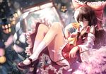  ascot bow brown_hair cherry_blossoms detached_sleeves dress frilled_dress frills gohei hair_bow hair_tubes hakurei_reimu kamisa kneehighs lantern long_hair looking_at_viewer mary_janes red_dress shoes skirt skirt_set solo touhou wide_sleeves 