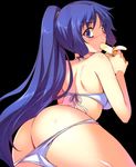  1girl ass banana bikini blue_eyes blue_hair blush bra butt_crack eating food freezing_(series) fruit highres long_hair looking_at_viewer looking_back official_art panties panties_down ponytail popsicle rana_linchen solo swimsuit tattoo 