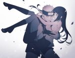  1boy 1girl arm_around_back arms_around_neck bandaged_hand bandages bare_arms bare_shoulders black_boots black_hair black_jacket black_shorts blonde_hair blunt_bangs boots breasts carrying facial_mark falling_leaves furrowed_brow grey_pantyhose greyscale headband highres hime_cut hyuuga_hinata jacket konohagakure_symbol large_breasts leaf long_hair monochrome naruto_(series) naruto_shippuuden open-toe_boots pantyhose parted_lips princess_carry short_hair shorts sidelocks spiked_hair ting uzumaki_naruto veil whisker_markings white_background white_veil 