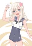  1girl 30-06 blonde_hair blue_eyes blush breasts commentary_request cowboy_shot crop_top flower hair_flower hair_ornament highres japanese_flag kantai_collection long_hair looking_at_viewer one-piece_swimsuit one-piece_tan ro-500_(kancolle) sailor_collar school_swimsuit school_uniform shirt smile solo swimsuit swimsuit_under_clothes tan tanlines white_background white_shirt 