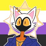 1:1 2025 ambiguous_gender angel anthro aureola black_body black_skin catty_(idolomantises) clothing digital_media_(artwork) ear_piercing eyelashes felid feline fur halo idolomantises jacket jewelry lgbt_pride mammal mouthless necklace nonbinary_(lore) nonbinary_pride_colors piercing portrait pride_colors pupils slit_pupils solo topwear white_body white_fur yellow_sclera