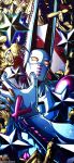  3others absurdres american_flag ball_breaker_(stand) bird blue_skin boku_no_rhythm_wo_kiitekure_(stand) catch_the_rainbow colored_skin commentary compound_eyes cream_starter_(stand) dinosaur dirty_deeds_done_dirt_cheap english_commentary gold_skin hey_ya_(stand) highres in_a_silent_way_(stand) jojo_no_kimyou_na_bouken mask mouth_mask multiple_others noonvincent other_focus scary_monsters_(stand) stand_(jojo) star_(symbol) steel_ball_run the_world tusk_(stand) tusk_act1 yellow_eyes 